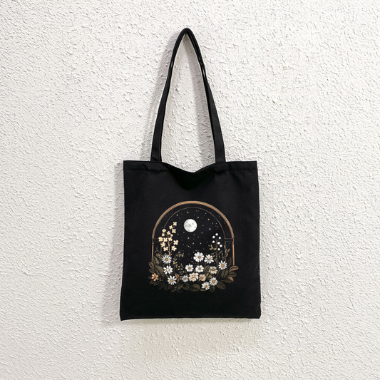 Mugdog Floral and Moon Print Black Tote Bag for Women