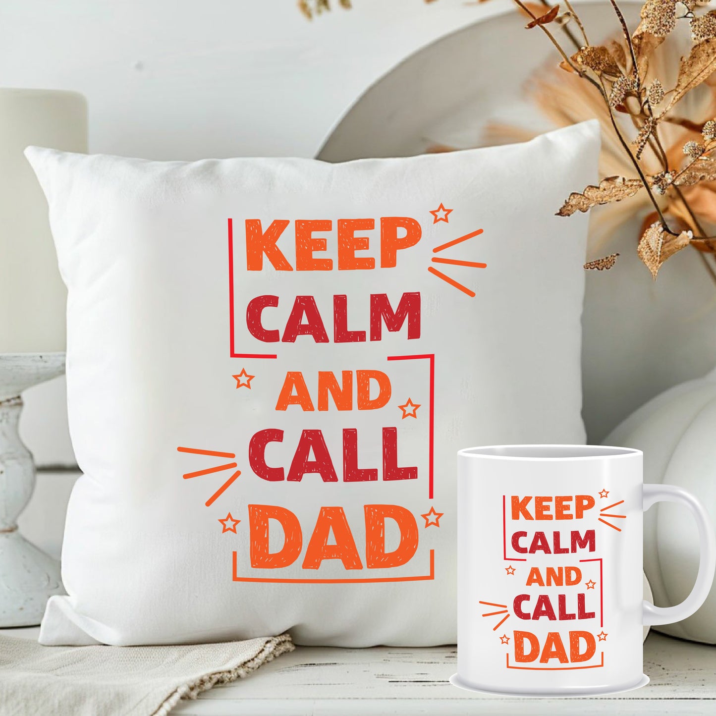 Keep Calm And Call Dad Quote Cushion & Mug| Happy Fathers Day Presents Combo | MugDog