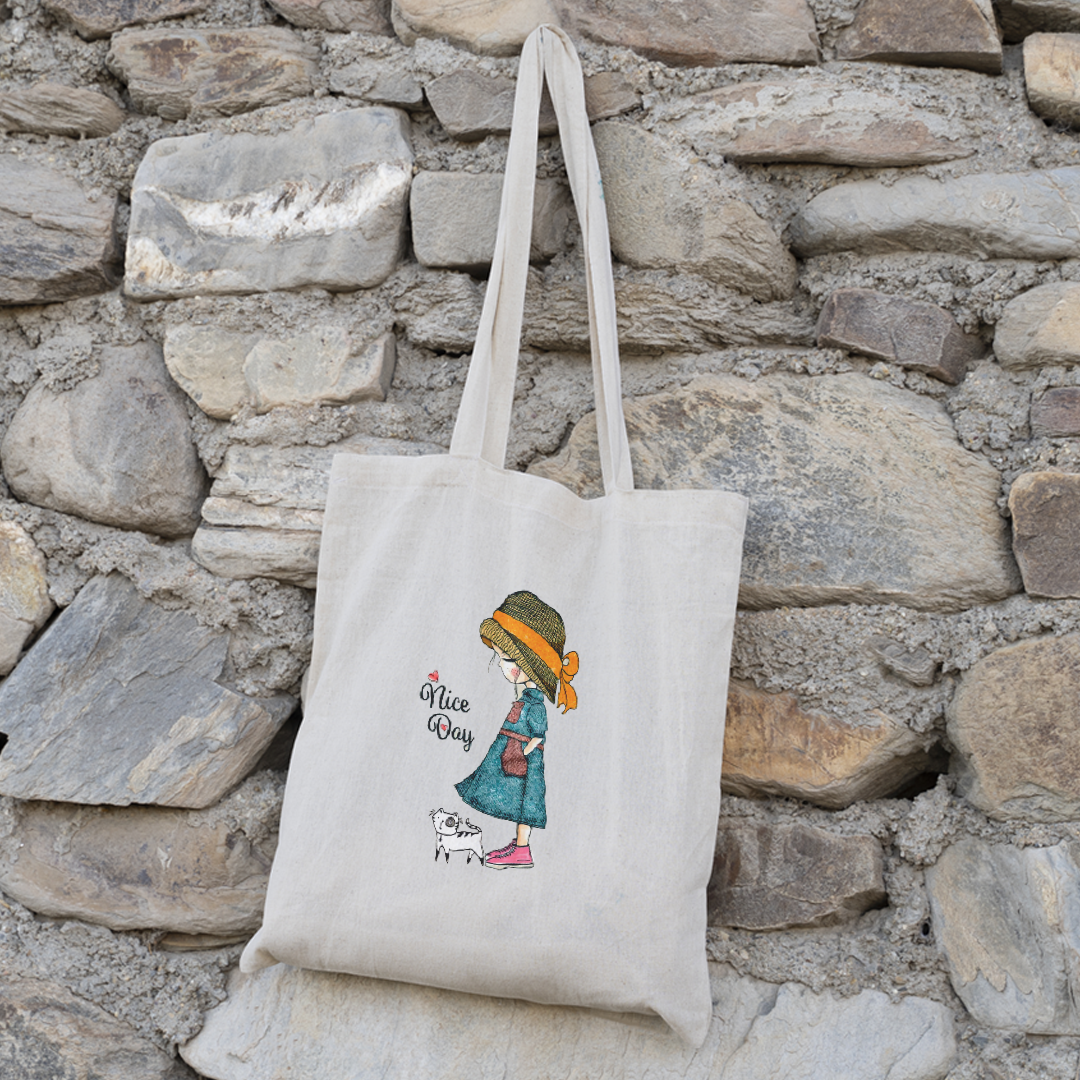 Cute Illustrated "Nice Day" Canvas Tote Bag | Eco-Friendly, Stylish Bag Mugdog- Buy Your Gifting Items