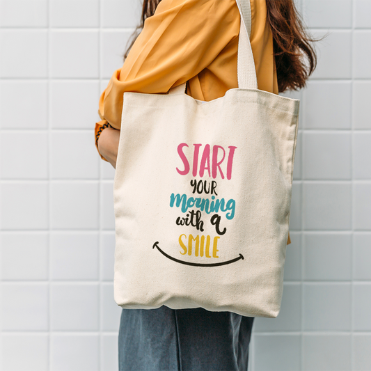 Start Your Morning with a Smile Tote Bag | Motivational Canvas Bag