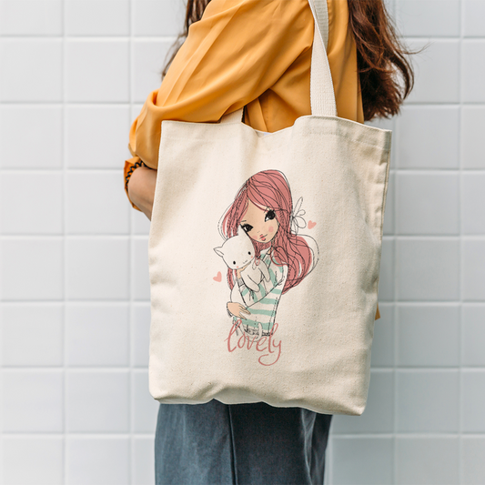 Whimsical Cat & Girl Tote Bag | Cute Illustrated Canvas Bag for Cat Lovers