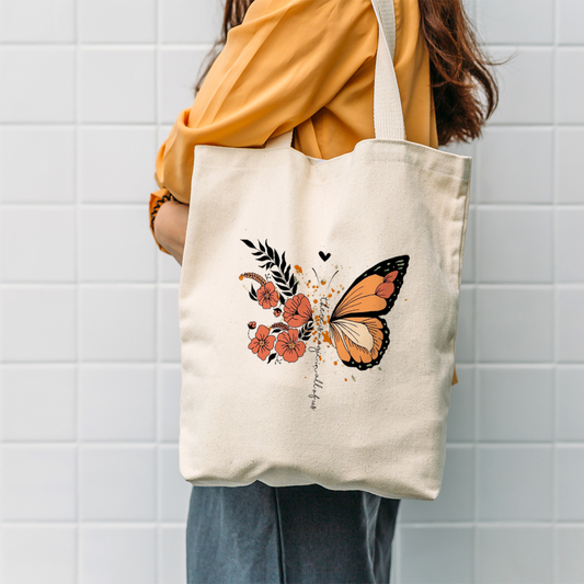 Butterfly & Flower Design Tote Bag | Nature-Inspired Canvas Bag