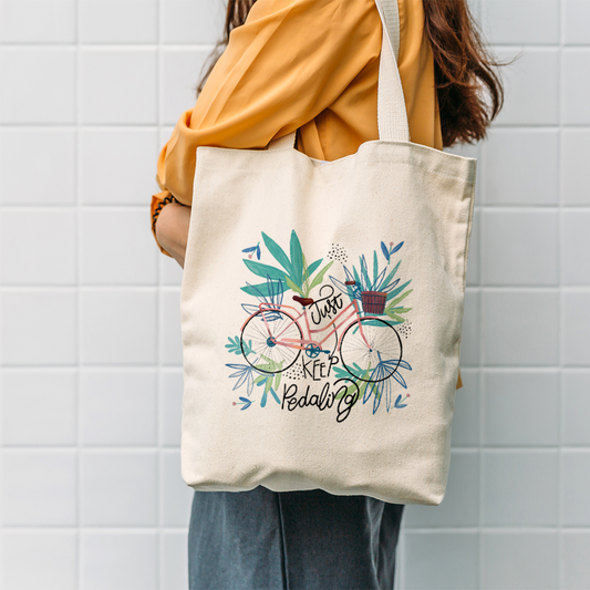 Just Keep Pedaling Tote Bag | Floral & Bicycle Design Mugdog- Buy Your Gifting Items