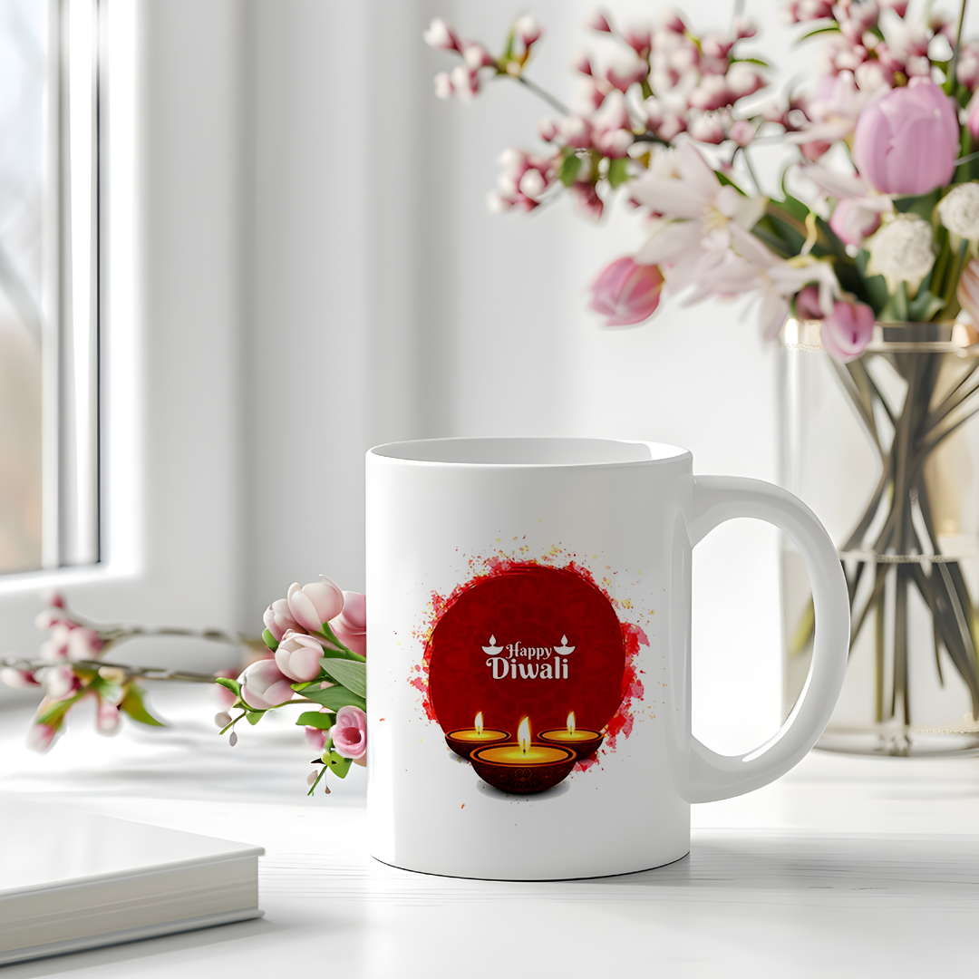 Happy Diwali Mug | Festival Gifts | Diya & Rangoli Print Mug