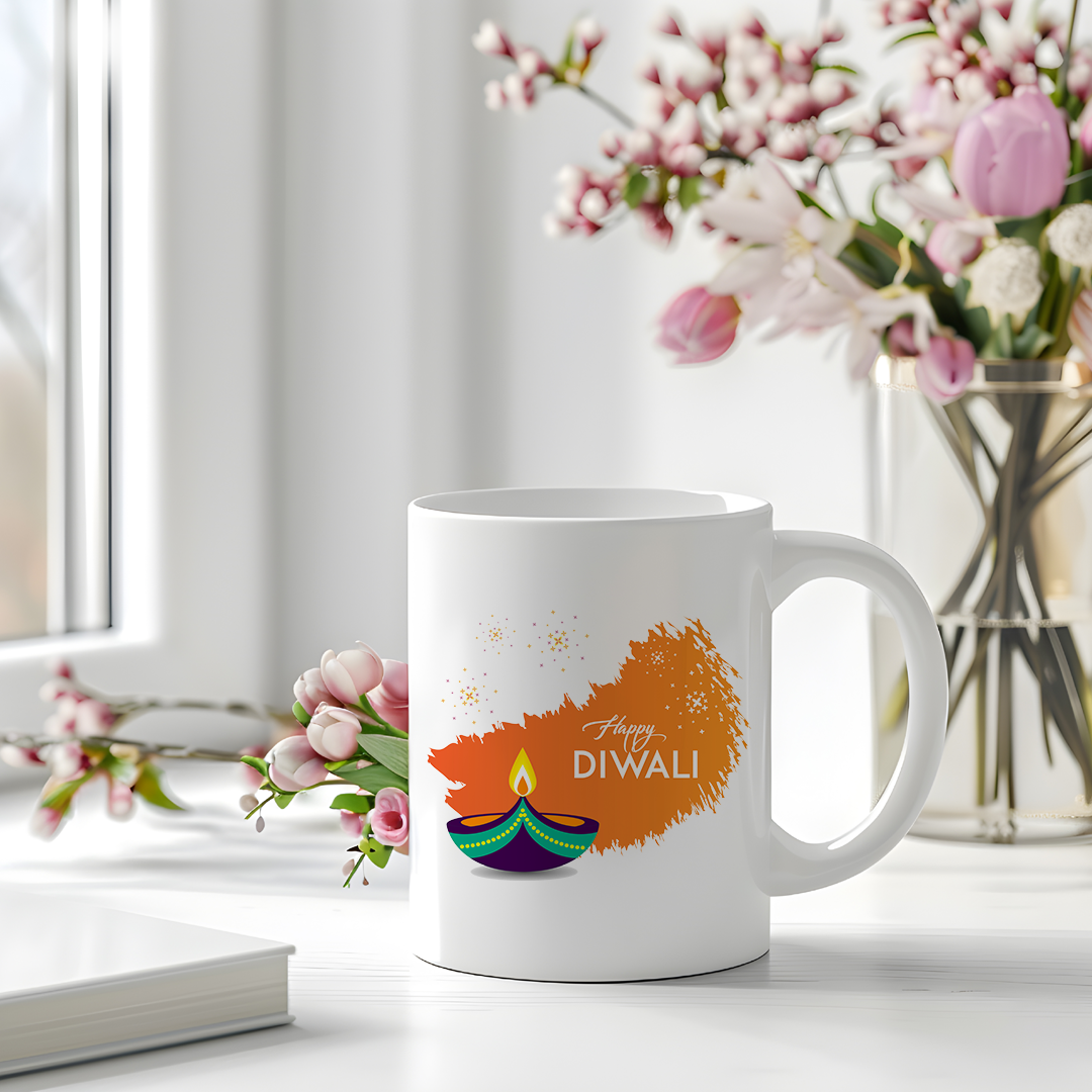 Happy Diwali Mug with Colorful Diya Design | Festive Ceramic Mug