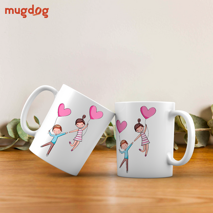Cartoon Heart Balloon Couple Mugs | Adorable Love Mugs