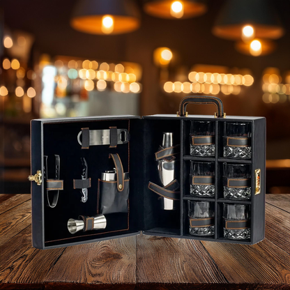 Luxury Black Portable Bar Set with Leather Case | 12-Piece Set