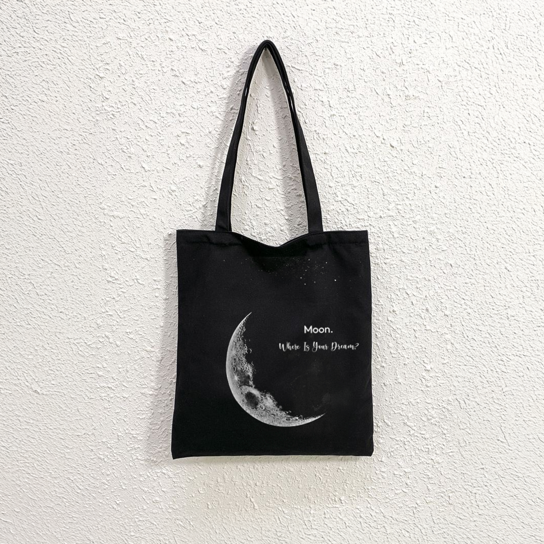 Mugdog Moon Printed Black Tote Bag for Women