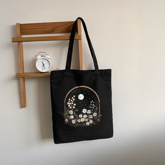 Mugdog Floral and Moon Print Black Tote Bag for Women