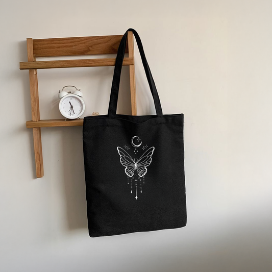 Mugdog Butterfly Print Tote Bag for Women | Trendy Black Canvas Tote Bags for Women for Daily Use