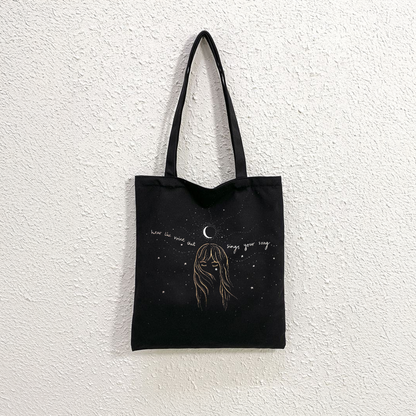 Mugdog Stylish Printed Tote Bag Featuring Girl and Moon Design | Cosmos Lover Black Tote Bag for Women