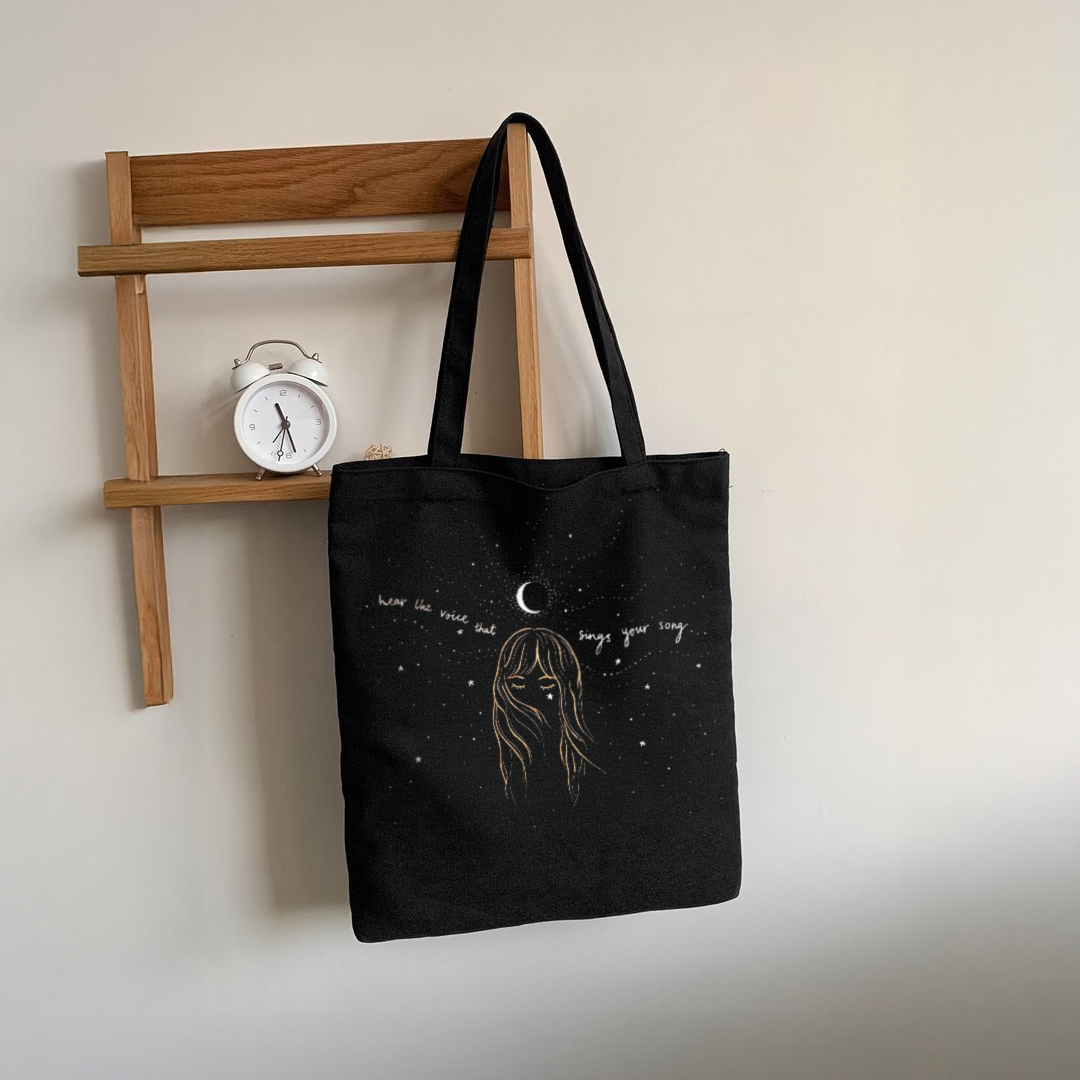 Mugdog Stylish Printed Tote Bag Featuring Girl and Moon Design | Cosmos Lover Black Tote Bag for Women
