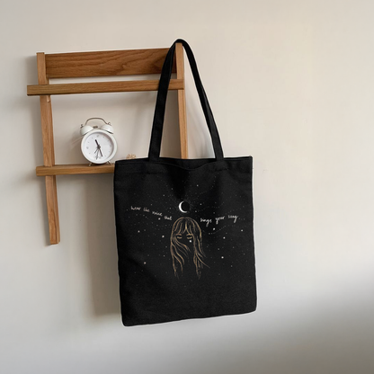 Mugdog Stylish Printed Tote Bag Featuring Girl and Moon Design | Cosmos Lover Black Tote Bag for Women