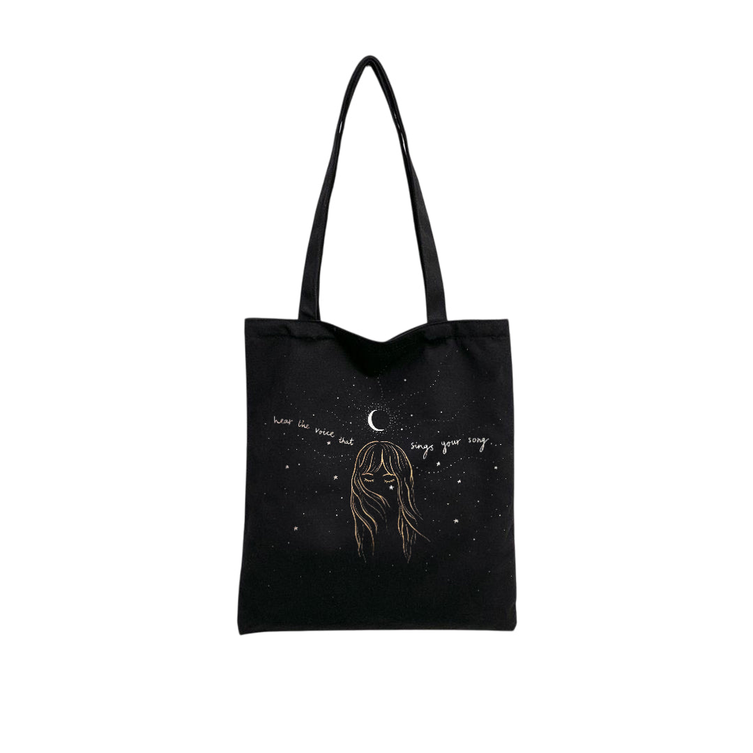 Mugdog Stylish Printed Tote Bag Featuring Girl and Moon Design | Cosmos Lover Black Tote Bag for Women