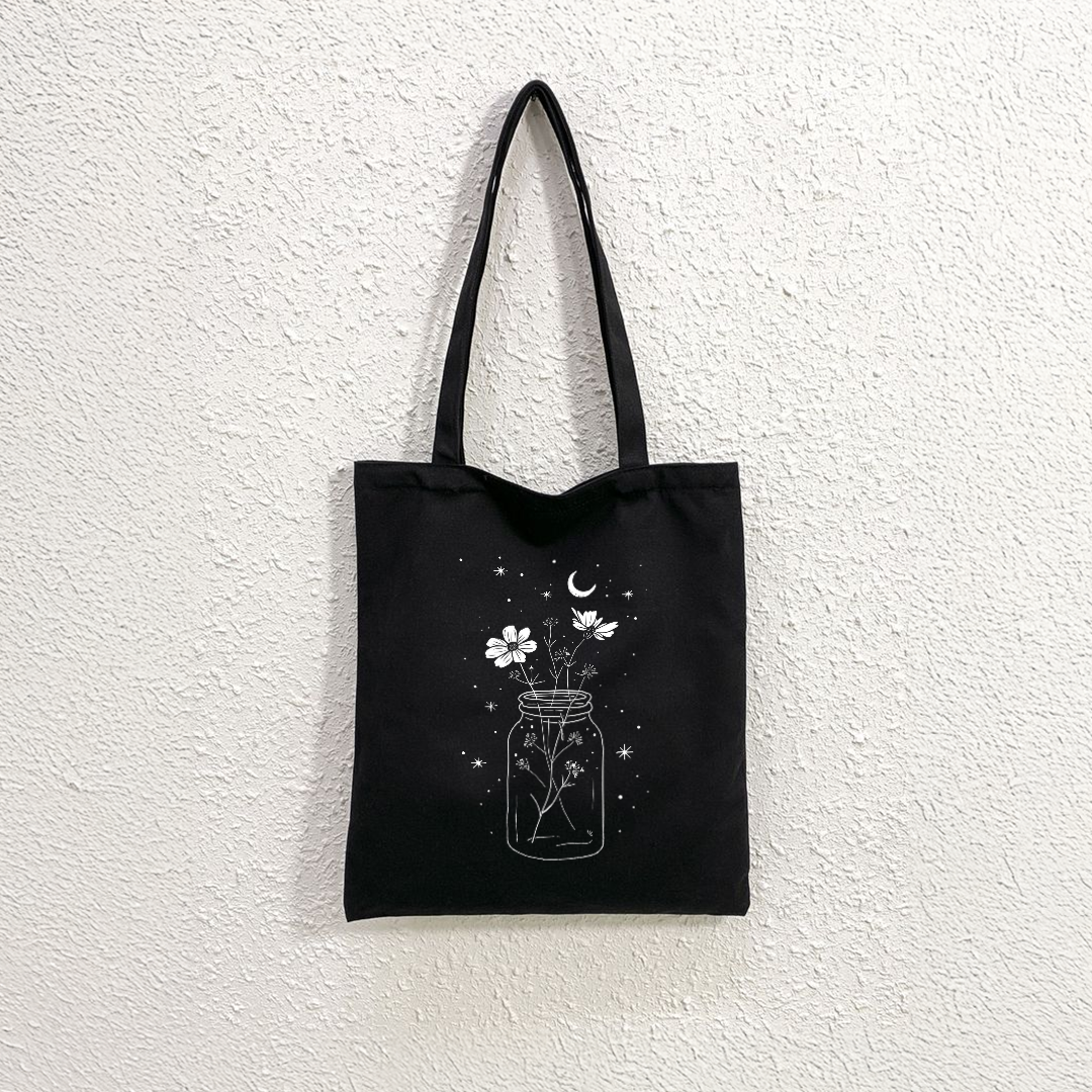 Mugdog Stylish Printed Tote Bag Featuring Flower jar print | Cosmos Lover Black Tote Bag for Women