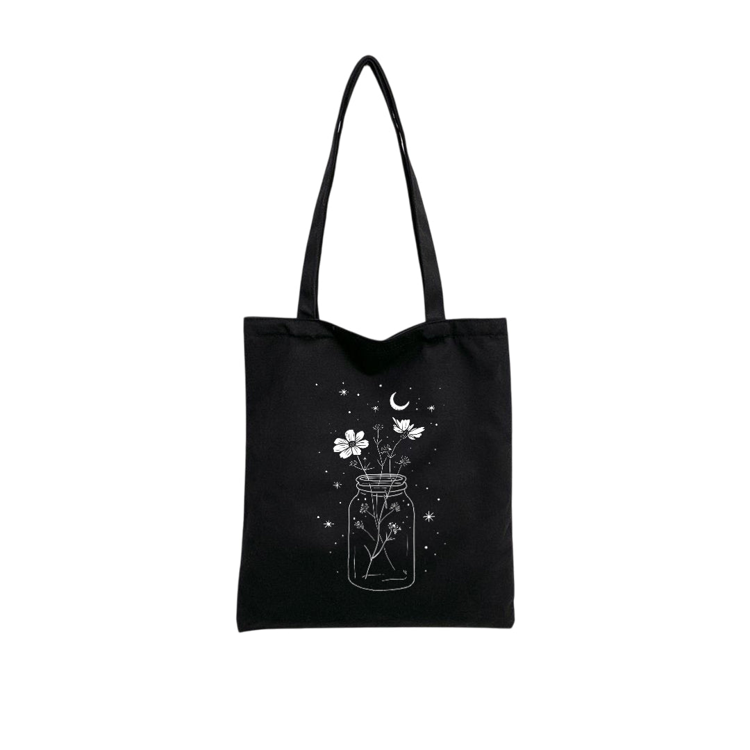 Mugdog Stylish Printed Tote Bag Featuring Flower jar print | Cosmos Lover Black Tote Bag for Women