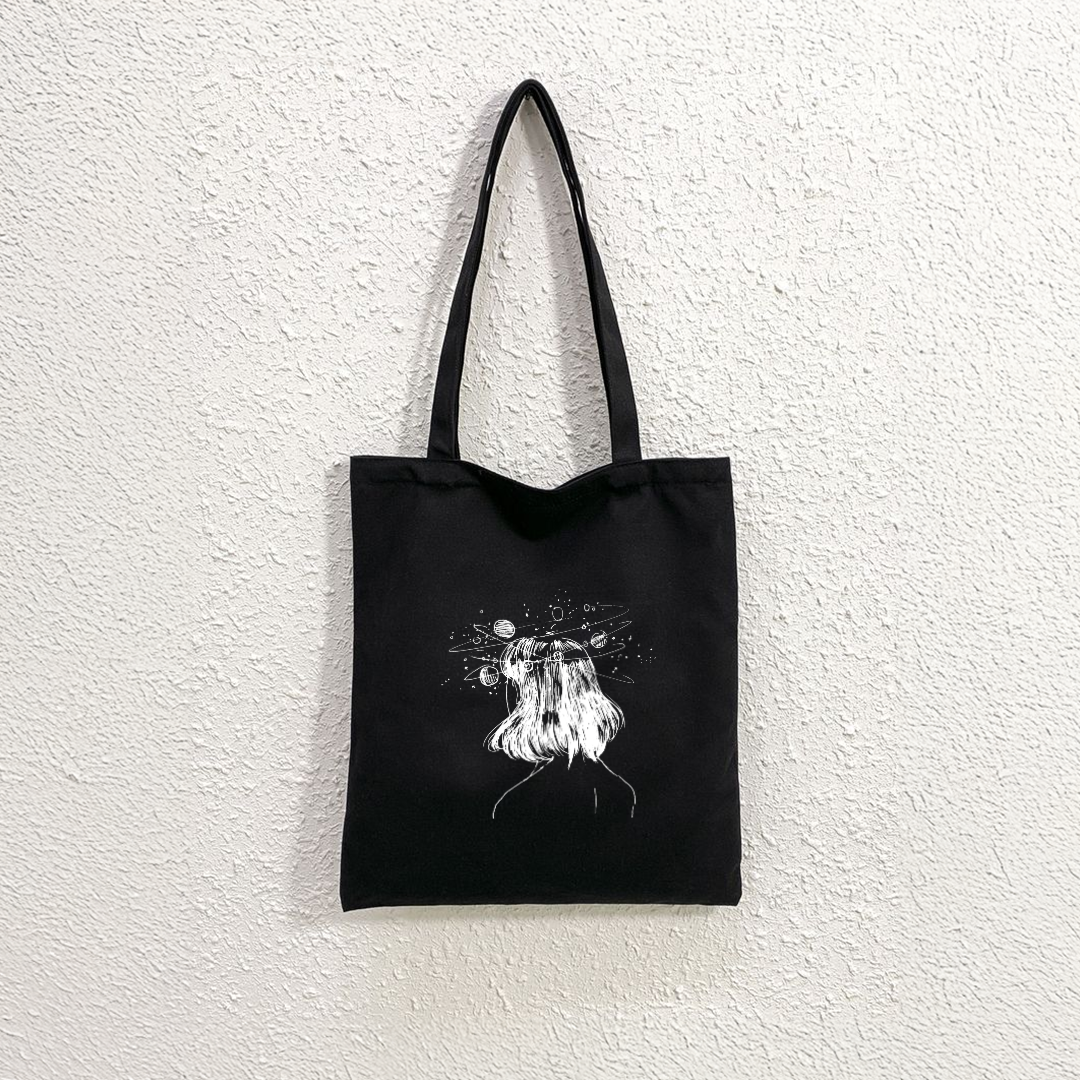 Mugdog Printed black Canvas Black Tote Bag for Women | Trendy bags for universe lover