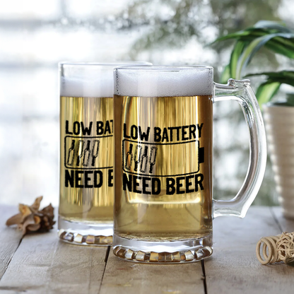 Funny Quote Beer Mug | "Low Battery, Need Beer" Personalized Mug
