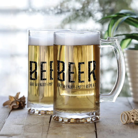 Brew, Enjoy, Empty, Repeat Beer Mug | Funny Quote Glass Beer Mug