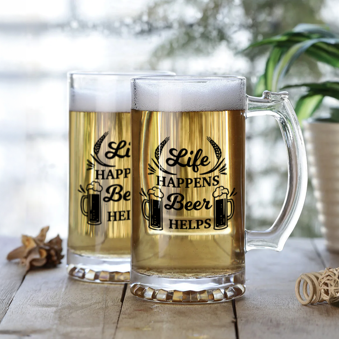 Funny Motivational Beer Mug | "Life Happens, Beer Helps" Quote Mug