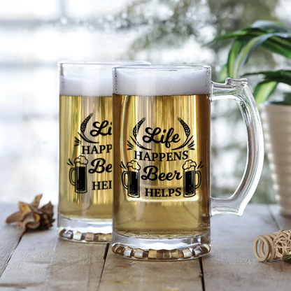 Funny Motivational Beer Mug | "Life Happens, Beer Helps" Quote Mug