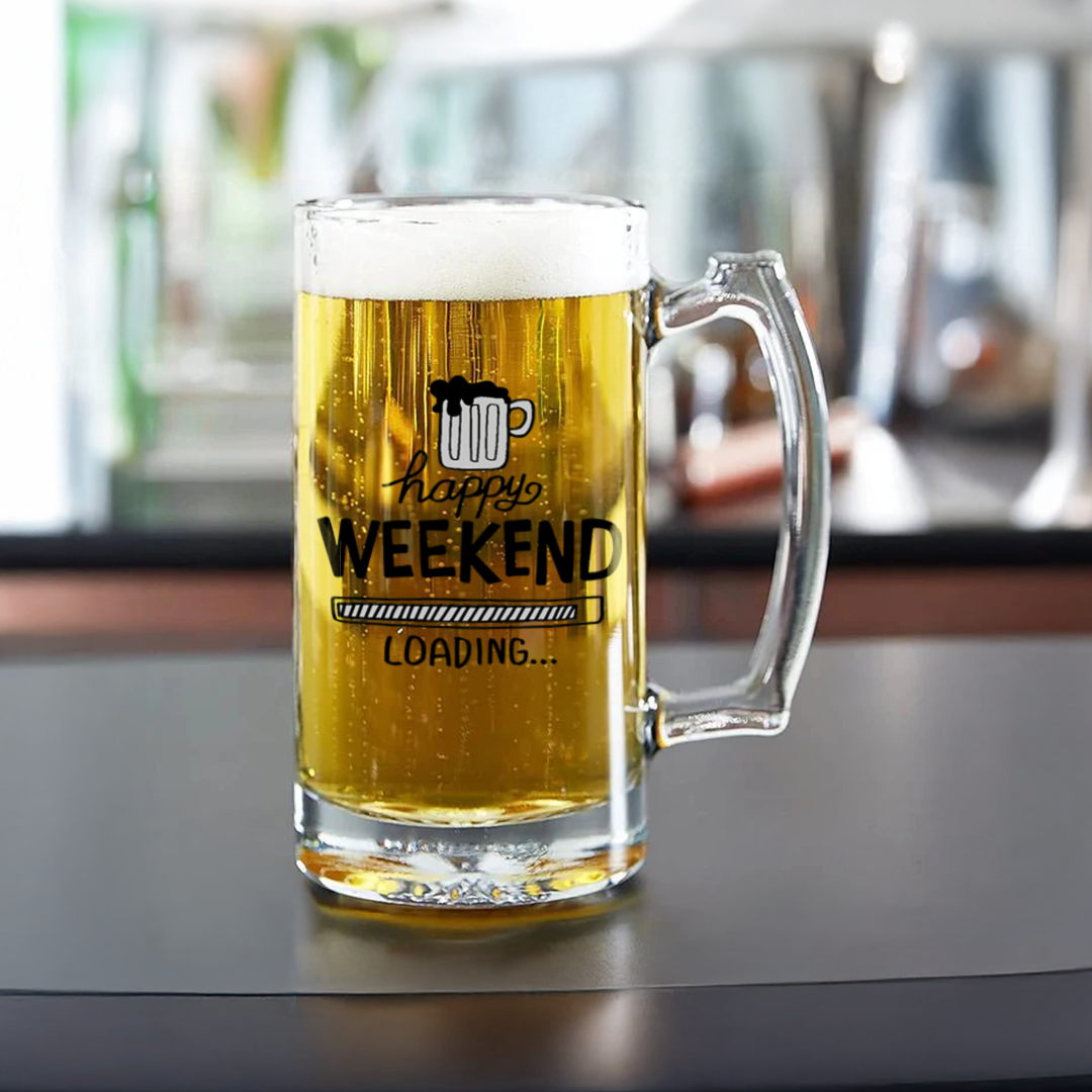 Happy Weekend Loading Beer Mugs | Fun Custom Glass Mugs for Beer Lovers