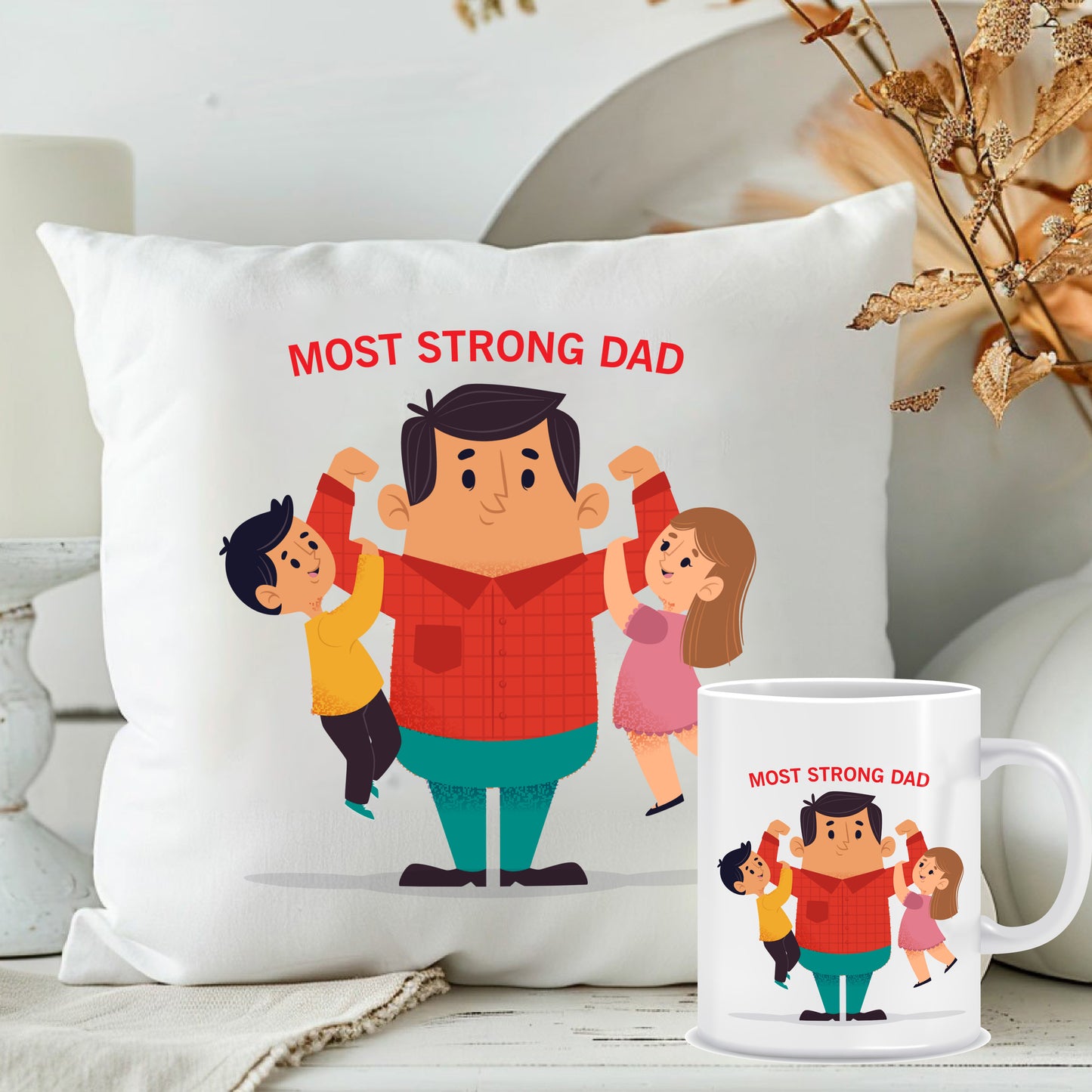 Most Strong Dad Printed Cushion & Mug | Father's Day Personalised Combo Set | MugDog