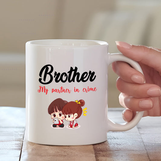 Brother – My Partner in Crime Mug | Cute Cartoon Rakhi Gift