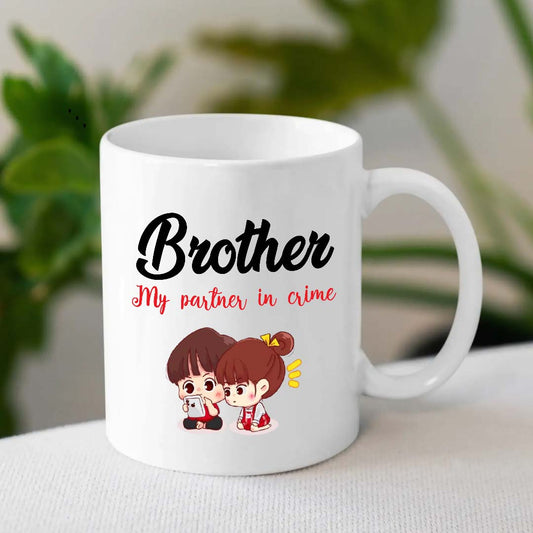 Brother – My Partner in Crime Mug | Cute Cartoon Rakhi Gift