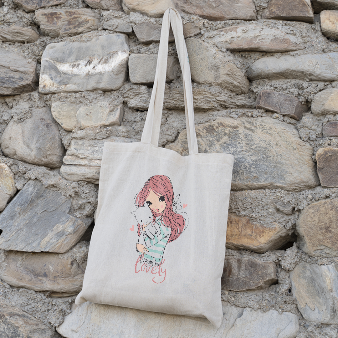 Whimsical Cat & Girl Tote Bag | Cute Illustrated Canvas Bag for Cat Lovers