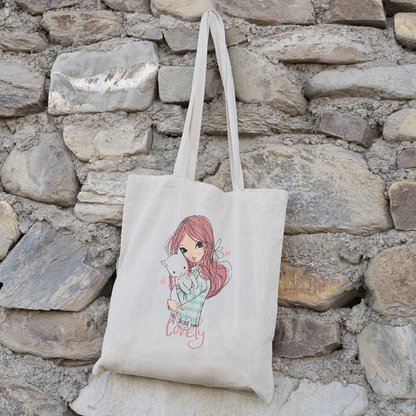 Whimsical Cat & Girl Tote Bag | Cute Illustrated Canvas Bag for Cat Lovers