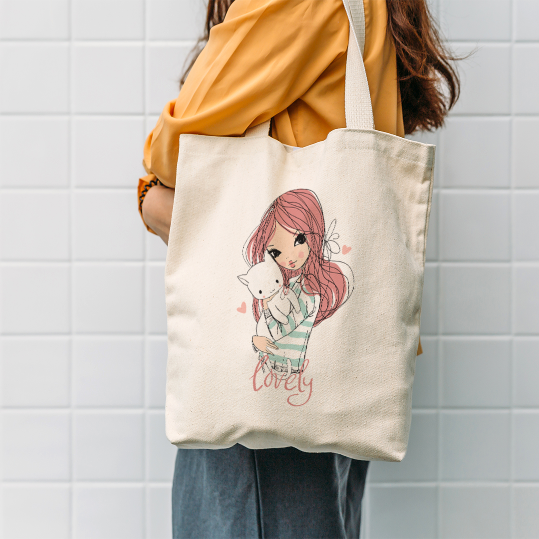 Whimsical Cat & Girl Tote Bag | Cute Illustrated Canvas Bag for Cat Lovers
