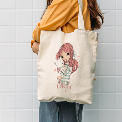 Whimsical Cat & Girl Tote Bag | Cute Illustrated Canvas Bag for Cat Lovers