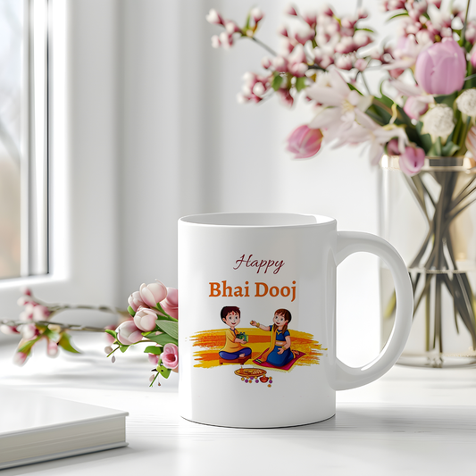 Bhai Dooj Mug | White Ceramic Coffee Mug | Festival Gifts