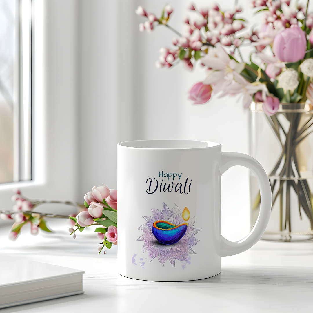 Happy Diwali Ceramic Mug | Festive Diya Design | Perfect Gift for Diwali Celebrations